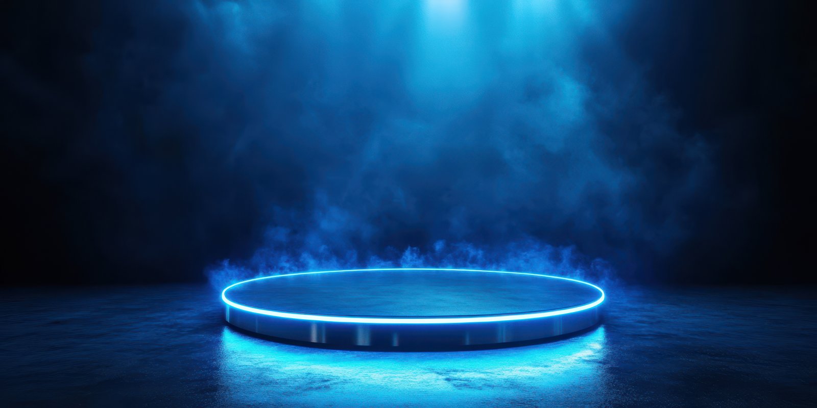 Neon-lit circular stage surrounded by mist in a dimly lit space for performances and events